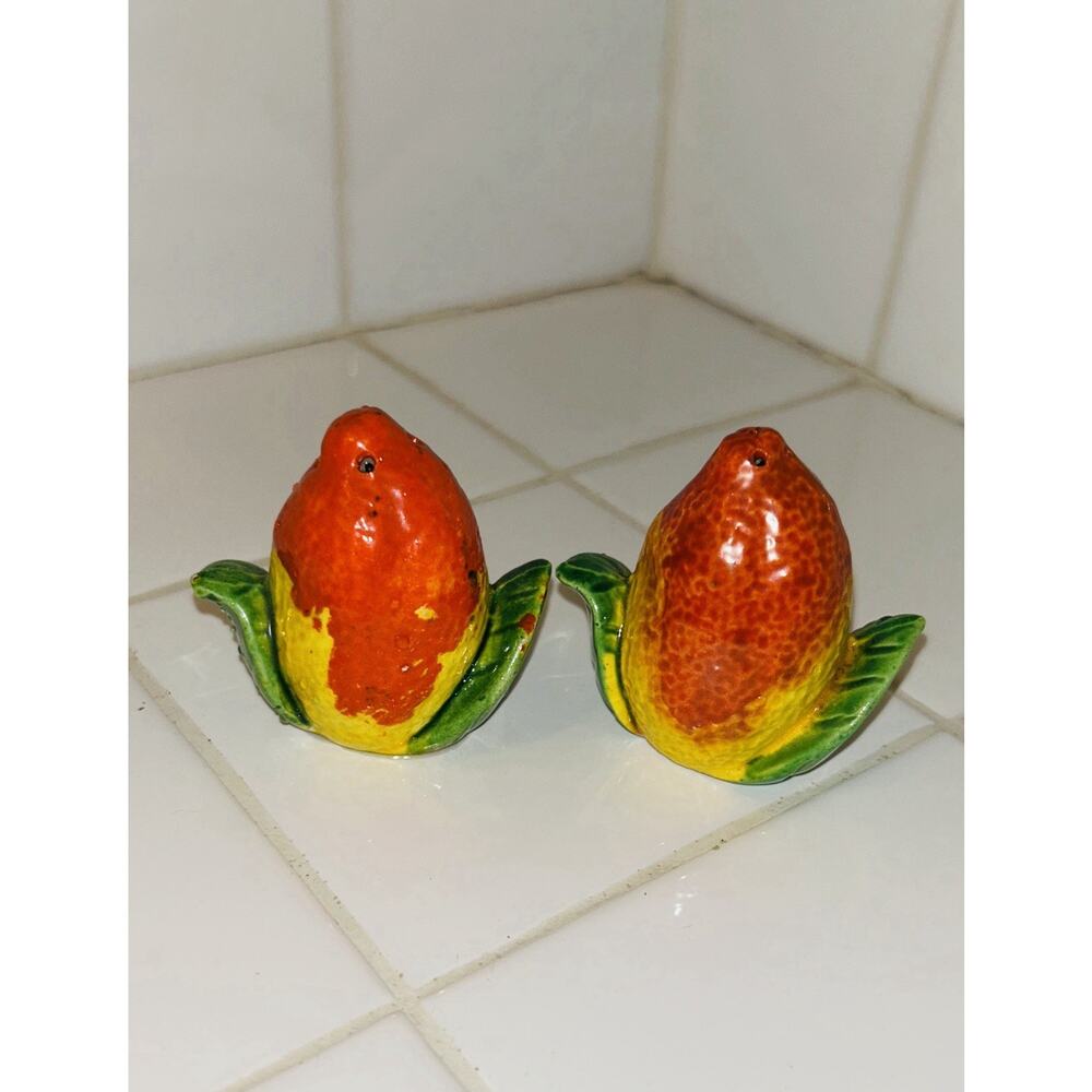 Vintage Salt & Pepper Shakers Fruit or Ceramic Orange Or Lemon Citrus Cork Plug